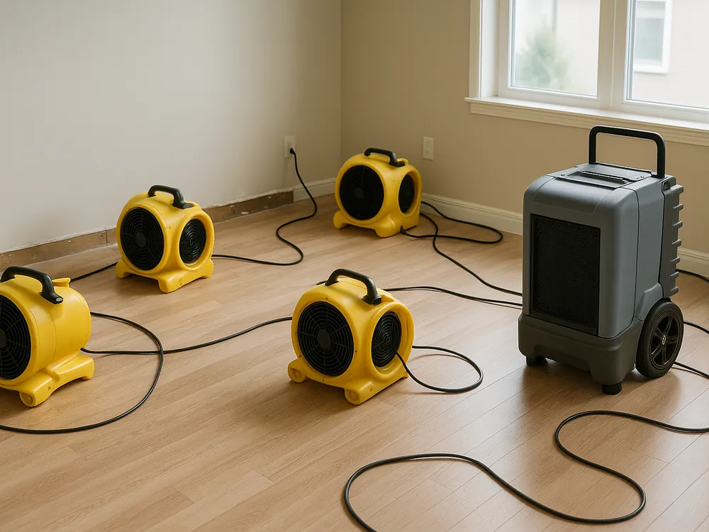 Air movers and a dehumidifier set up to dry a water-damaged room in Marion County, Florida.