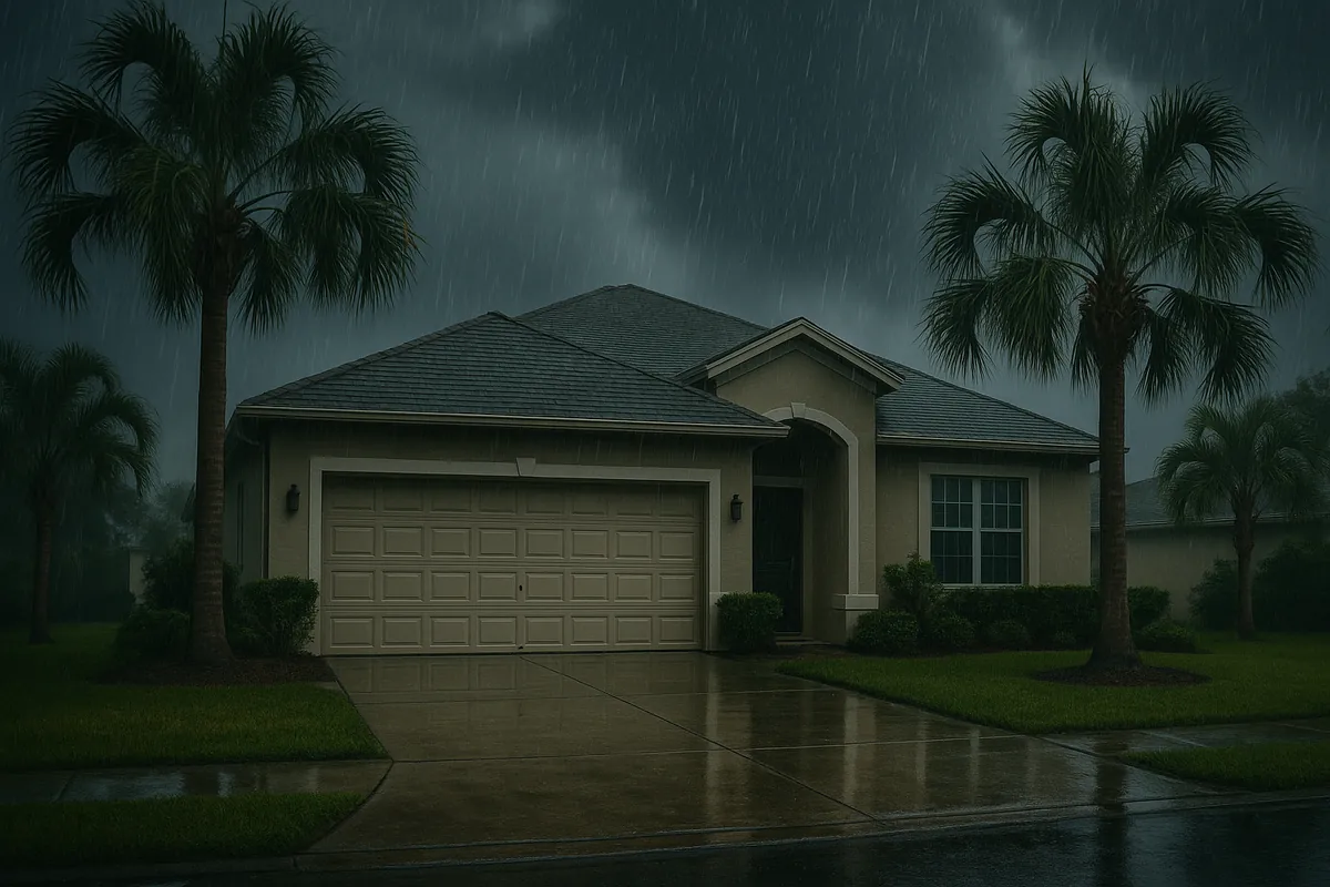 Single-family Florida home under a heavy storm sky, the kind of rain that drives water intrusion.