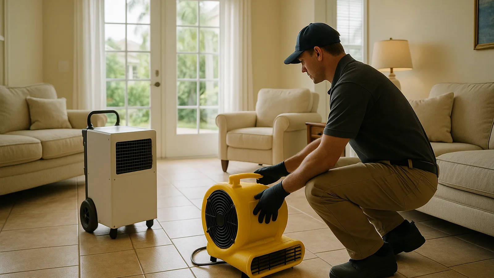Restoration technician running air movers and a dehumidifier in a dried-out Ocala, Florida living room.