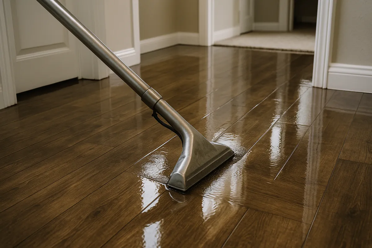 Standing water being extracted from a flooded home floor during water damage cleanup.